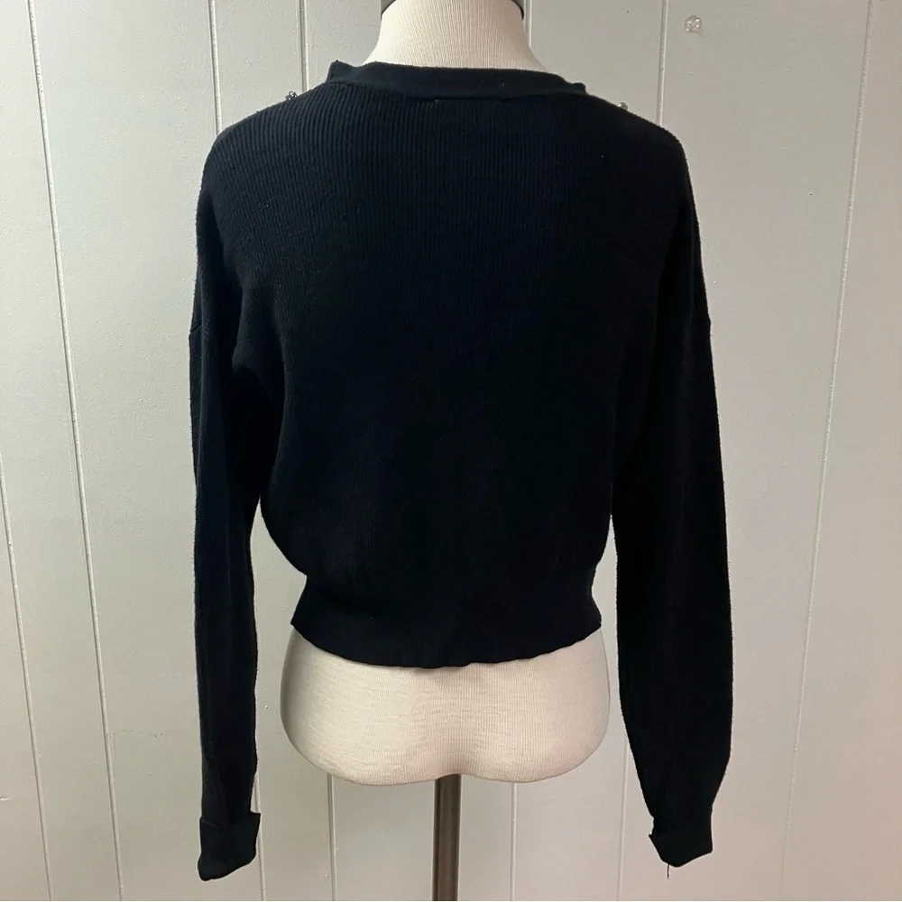 Vtg Y2k Holiday LIV MILANO Rhinestone Ribbed Faux Cardigan Sweater Small Black